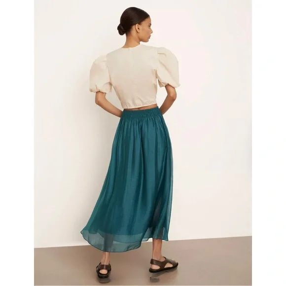VINCE | $295 Smocked-Waist Gathered Skirt in Dark Blue Waltz, Size Small - Picture 4 of 11